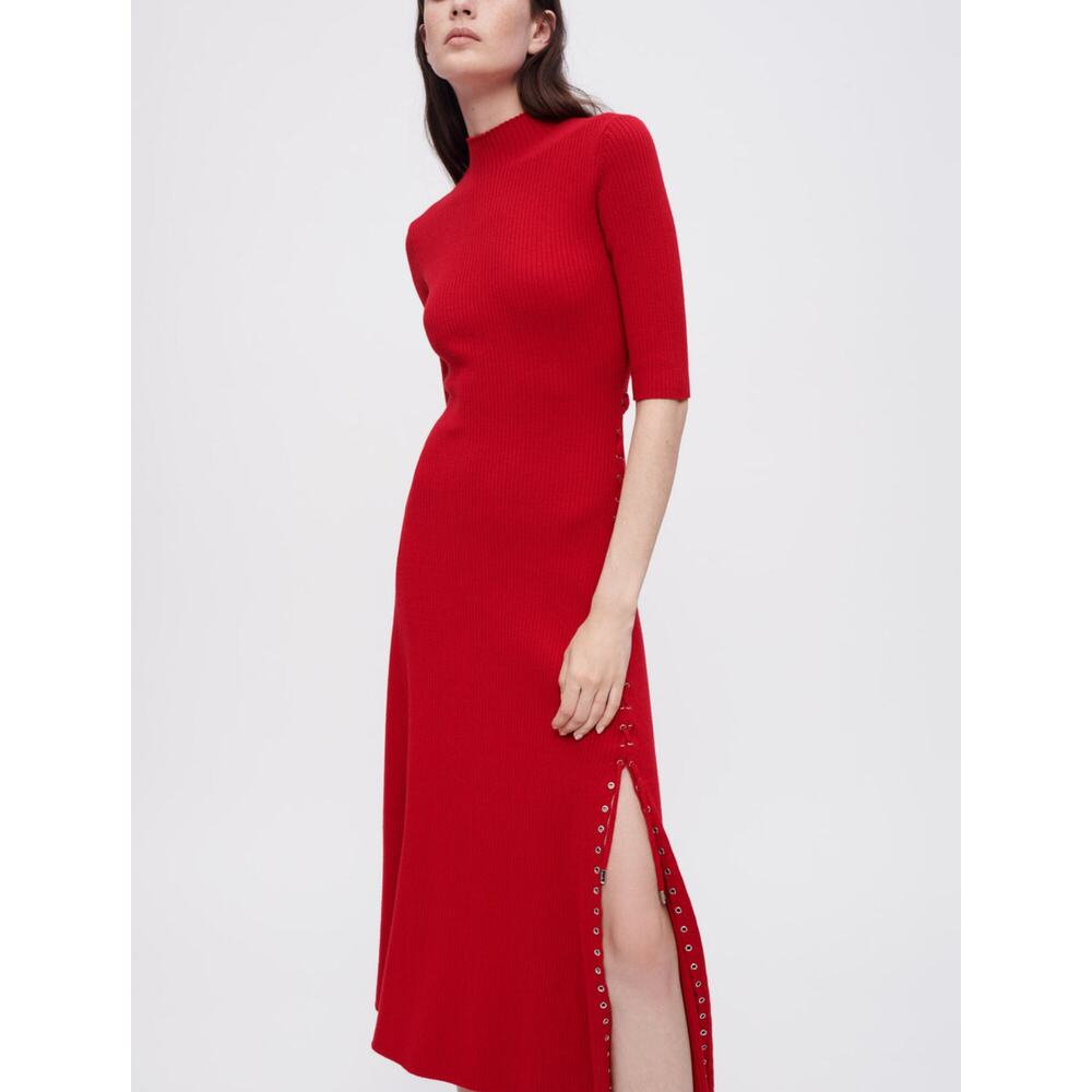MAJE Women's Ribbed Knit Dress with Gold Eyelets Size 40/L In Red